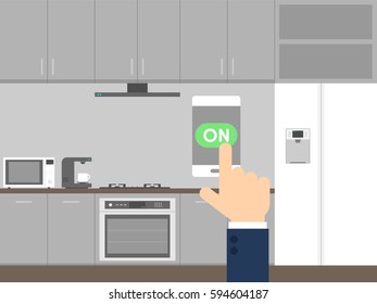 Smart kitchen technology concept control with smart phone, modern technology concept flat design, vector illustration