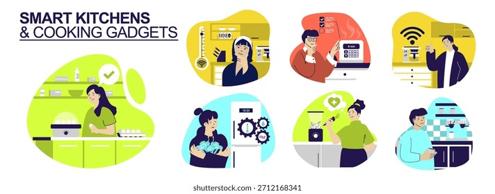 Cozinhas inteligentes e Cozinhar gadgets conceito definido para web design. Coleção com pessoas usando aparelho wifi, termômetro, fogão de ovo, freezer, liquidificador, máquina de café, outro. Ilustração vetorial.