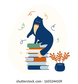 El gatito inteligente es un fan literario. Un gato gracioso se sienta en un montón de libros. Dibujaron a mano feliz personaje animal. A gato le gusta leer. La mascota favorita está aprendiendo. Ilustración escandinava vectorial