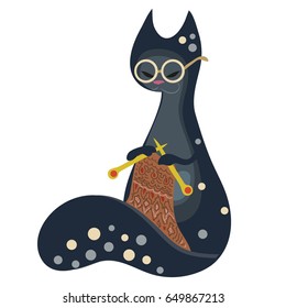 smart kitty with glasses is busy of knitting on a white background