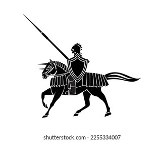 Smart knight or soldier or warrior riding on horse with armor shield and spear drawing in black and white vector