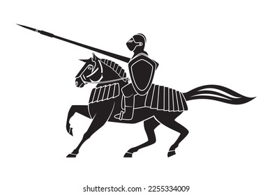 Smart knight or soldier or warrior riding on horse with armor shield and spear drawing in black and white vector