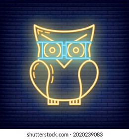 Smart knowledge owl icon glow neon style, educational institution process, back to school outline flat vector illustration, isolated on black. Concept supplies symbol, community college.