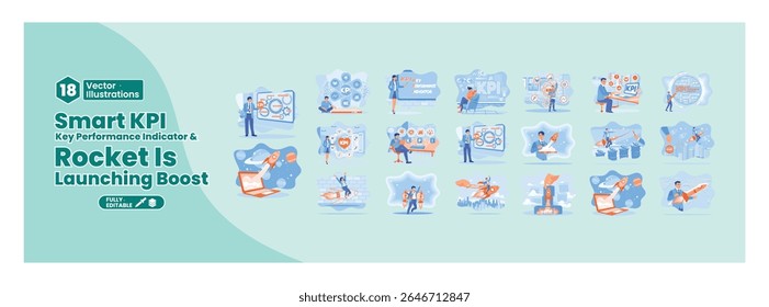 Smart KPI und Start Boost-Konzept. Illustrationen, die Teamarbeit, analytische Daten, wichtige Leistungsindikatoren und Geschäftserfolg darstellen. Mega-Set.