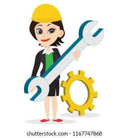 Smart lady worker holding a big Open End Wrench maintenance hard hat clog symbol ready to repair servicing fix problems