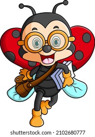 The smart ladybug is going to school and holding book of illustration