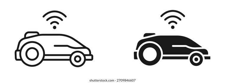 Conjunto de iconos de cortacésped inteligente en estilo de contorno y silueta, que representa el corte autónomo, la jardinería inteligente, el mantenimiento del patio y las herramientas de jardinería robótica, Ilustración vectorial.