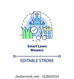Smart lawn mowers concept icon. Smart agriculture abstract idea thin line illustration. Cut and trim grass automatically. Isolated outline drawing. Editable stroke. Arial, Myriad Pro-Bold fonts used