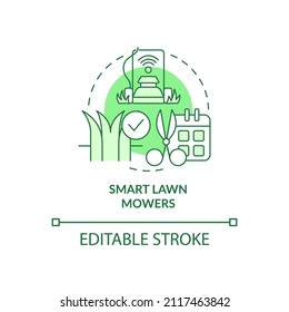 Smart lawn mowers green concept icon. Smart agriculture abstract idea thin line illustration. Autonomous machine. Isolated outline drawing. Editable stroke. Arial, Myriad Pro-Bold fonts used