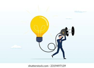 Smart leader businessman connect electricity to light up idea light bulb lamp, problem solving idea, invent new innovation or thinking about new business idea concept (Vector)