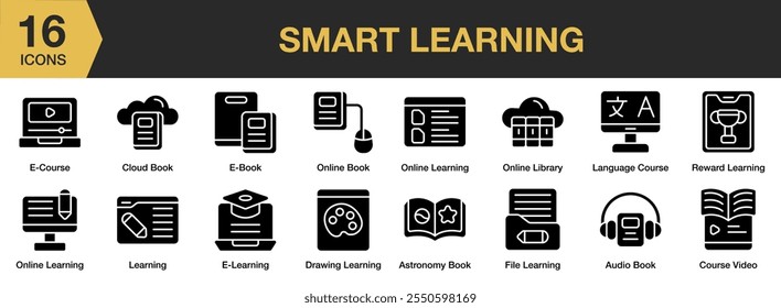 Smart Learning solid icon set. Includes course, cloud book, online, library, file, and More. Solid icons vector collection.