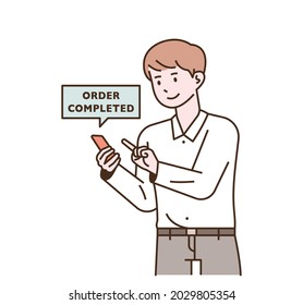 smart lifestyle. A man is shopping with a smartphone. outline simple vector illustration.