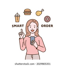 smart lifestyle. outline simple vector illustration. A woman is ordering food through her mobile phone.