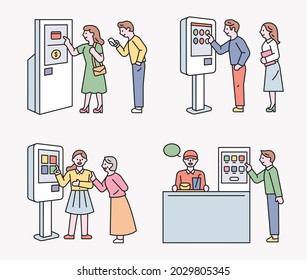 smart lifestyle. People are placing orders at the kiosk. outline simple vector illustration.