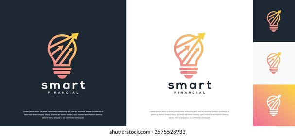 Smart light bulb and finance arrow logo design. Arrow light bulb logo template. Finance logo symbol icon