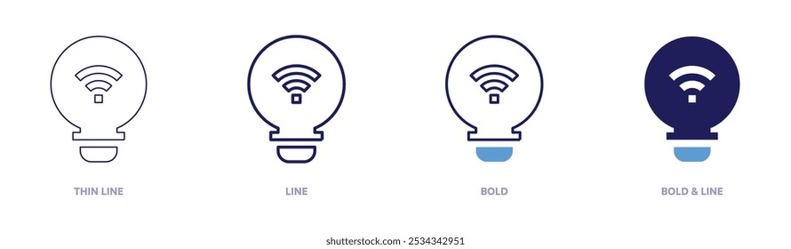 Icono de bombilla inteligente en 4 estilos diferentes. Línea delgada, línea, negrita y línea negrita. Estilo duotono. Trazo editable.