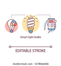 Smart light bulbs concept icon. Remote control of indoor lighting. Lamp control from smartphone. Home automation idea thin line illustration. Vector isolated outline drawing. Editable stroke