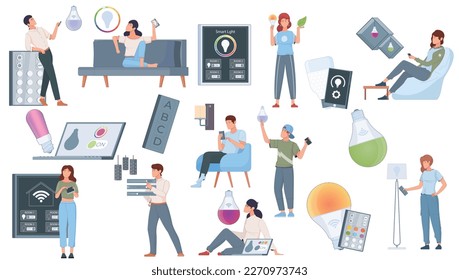 Smart light control set with isolated icons of remote panels human characters of users with gadgets vector illustration