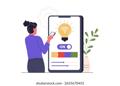 Smart Light Control via Smartphone. Home Automation Illustration. Illustrations for websites, landing pages, mobile apps, posters and banners