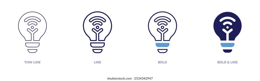 Icono de luz inteligente en 4 estilos diferentes. Línea delgada, línea, negrita y línea negrita. Estilo duotono. Trazo editable.