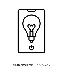 Smart light icon with lightbulb and smartphone in black outline style