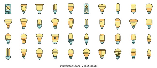 Los iconos de bombilla inteligente establecen el Vector de contorno. Cerebro piensa. Idea línea fina de color plana en blanco
