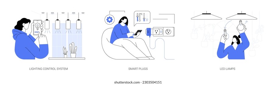 Smart lighting abstract concept vector illustration set. Lighting control system with smartphone app, automated smart plugs, installing LED lamps, energy saving technology abstract metaphor.