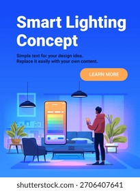 Smart Beleuchtungskonzept Home Automation Steuerung Mann mit Smartphone App modernes Wohnzimmer buntes Ambiente Lichter Pflanzen Möbel Web-Banner