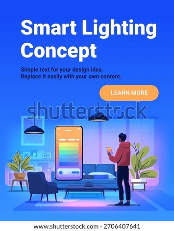 Smart lighting concept home automation control man using smartphone app modern living room colorful ambient lights plants furniture web banner