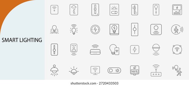 Iconos elegantes del control de la iluminación y de la automatización casera, estilo fino del Vector de la línea