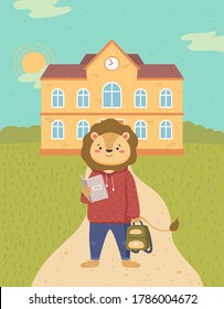 A smart lion schoolboy holding exercise book and backpack standing on the road near school building outdoor. Funny cartoon animal student. Elementary school education concept, back to school theme