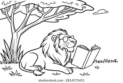 Smart lion wearing spectacles lying down in grass shade reading large storybook wild animal character enjoying leisure time park background funny illustration for kids coloring.