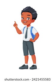 Smart little African American school boy got an idea and index finger pointing up. Cartoon style vector character isolated on white background.