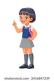 Smart little Asian school girl got an idea and index finger pointing up. Cartoon style vector character isolated on white background.