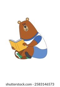 A smart little bear sits with glasses and reads a book. Color vector illustration on a white background in flat style. Teddy bear in sportswear with a yellow book.