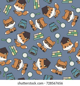 Smart little foxes  with school supplies seamless pattern. Vector wallpaper.