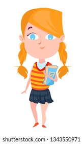 Smart little girl with a book in a striped vest and fiber skirt. Blonde with pigtails. A gifted child, a talented little schoolgirl. Vector illustration in cartoon style isolated on white background.