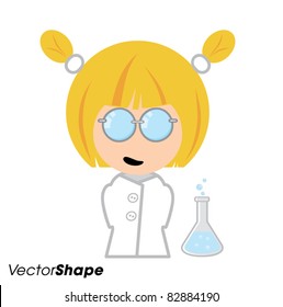 Smart little girl chemist in a white laboratory coat, vector illustration