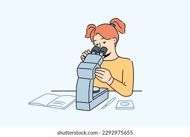 Smart little girl sit at desk in school look in microscope. Clever teen schoolgirl study item under microscope. Education and learning. Vector illustration. 