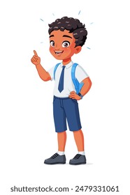 Smart little Indian school boy in uniform got an idea and pointing up with index finger. Cartoon style vector character isolated on white background.