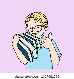 Smart little kid with books. Student with glasses give thumb isolated vector.