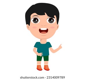 smart little kid girlboy  showing with index finger answers primary school kindergarten education concept