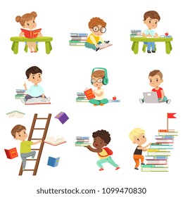 Smart little kids reading books set, cute preschool children learning and studying vector Illustrations isolated on a white background.