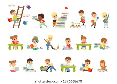 Smart little kids reading books set, cute preschool children learning and studying vector Illustrations on a white background