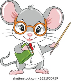 Pequeno professor de rato inteligente com um ponteiro e um livro em suas mãos. Vetor