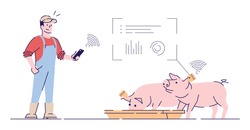 Smart Livestock Farm Flat Vector Illustration. Pigs Tracking System Cartoon Concept With Outline. Animal Feeding Sensor. Iot Technology In Piglet Rearing, Husbandry Farming. Farmer Isolated Character
