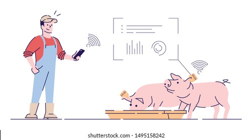 Smart livestock farm flat vector illustration. Pigs tracking system cartoon concept with outline. Animal feeding sensor. Iot technology in piglet rearing, husbandry farming. Farmer isolated character