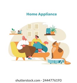 Smart living concept. Senior man comfortably using home appliances with help of adult daughter. Modern life ease with technology for elderly. Air humidifier, robot vacuum. Vector illustration