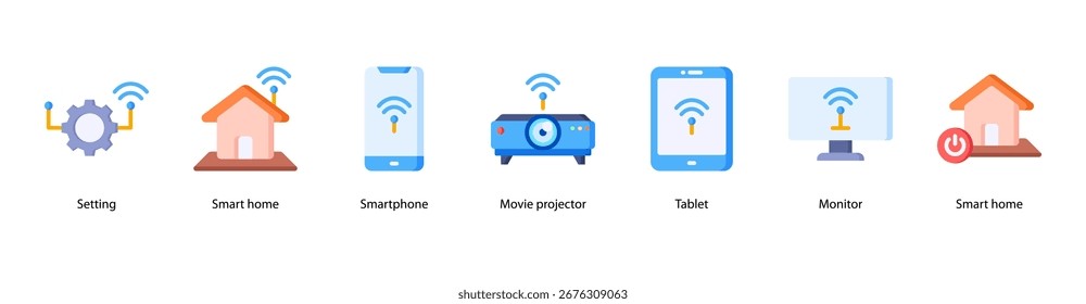 Ilustración de Anuncio de Web de Smart Living Devices con configuración, hogar inteligente, teléfono inteligente, proyector de películas, tableta, monitor y hogar inteligente.