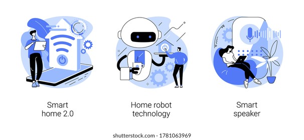 Conjunto de ilustraciones vectoriales de concepto abstracto del entorno de vida inteligente. Smart home 2.0, tecnología de robots para el hogar, altavoz activado por voz, aspiradora, metáfora abstracta interactiva de infraestructura de IoT.